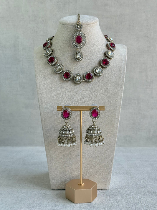 Ayura Designs Eira Necklace Set with Earrings & Tikka – Rani Pink & Crystal Stones with Antique Gold Finish