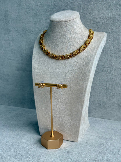 Ayura Designs Veda Set – Antique Gold Necklace & Stud Earrings with Elephant Motifs and Pink Stone Detailing