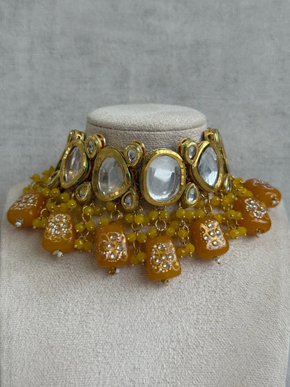 Ayura Designs Gyan Set With Choker And Earrings – Kundan Stones And Mustard Yellow Meenakari Drops