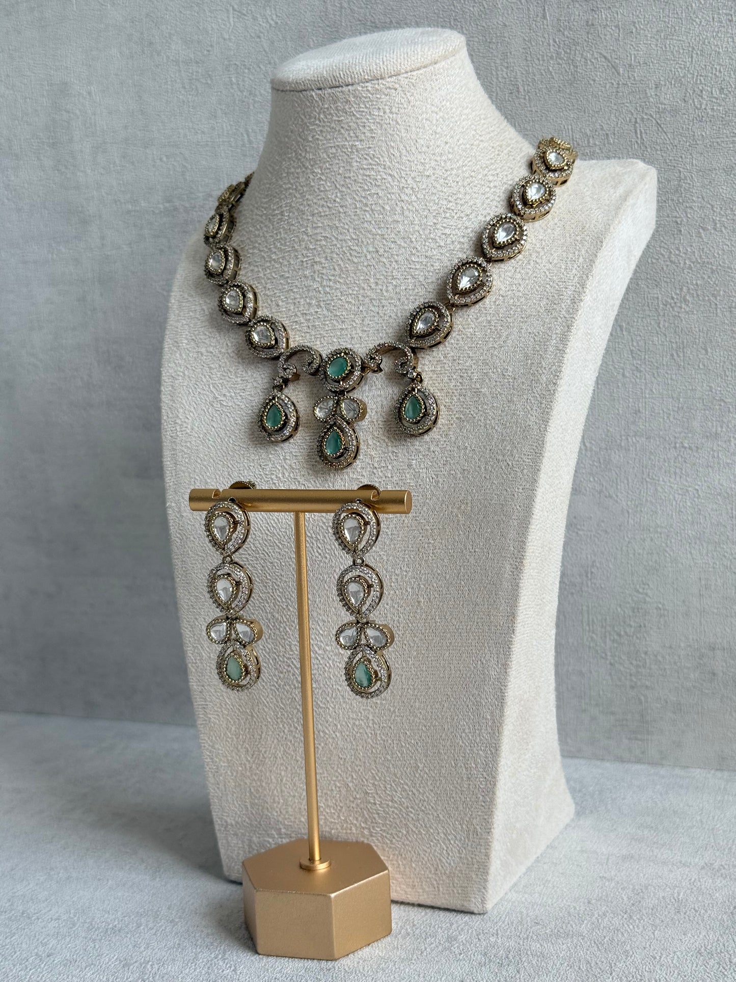 Ayura Designs Bianca Necklace Set with Earrings – Mint Green & White Kundan, Crystals & Gold Finish