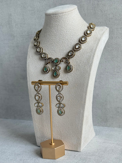 Ayura Designs Bianca Necklace Set with Earrings – Mint Green & White Kundan, Crystals & Gold Finish