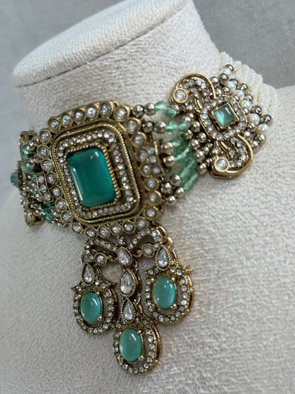 Ayura Designs Nabiha Choker Set with Studs – Aqua Green Stones, Pearl Detailing & Antique Gold Finish