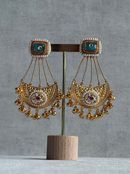 Ayura Designs Jheel Earrings – Turquoise Half-Moon Drops with Pearl Edging & Golden Ghungroos