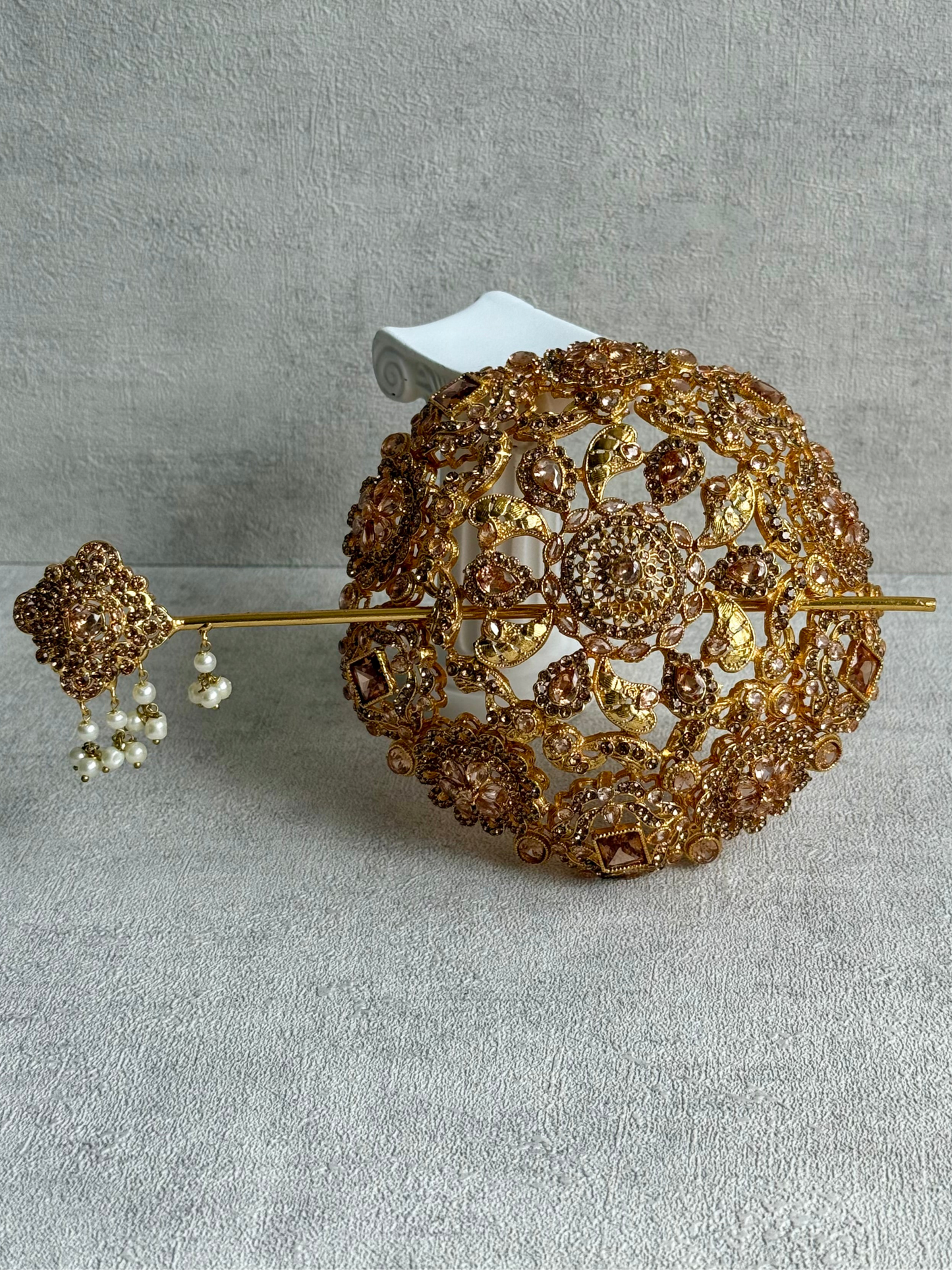 Ayura Designs Lotus Hair Bun Cover – Antique Gold with Champagne Stones & Floral Detailing