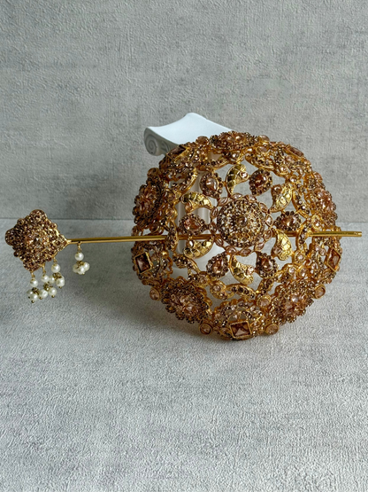 Ayura Designs Lotus Hair Bun Cover – Antique Gold with Champagne Stones & Floral Detailing