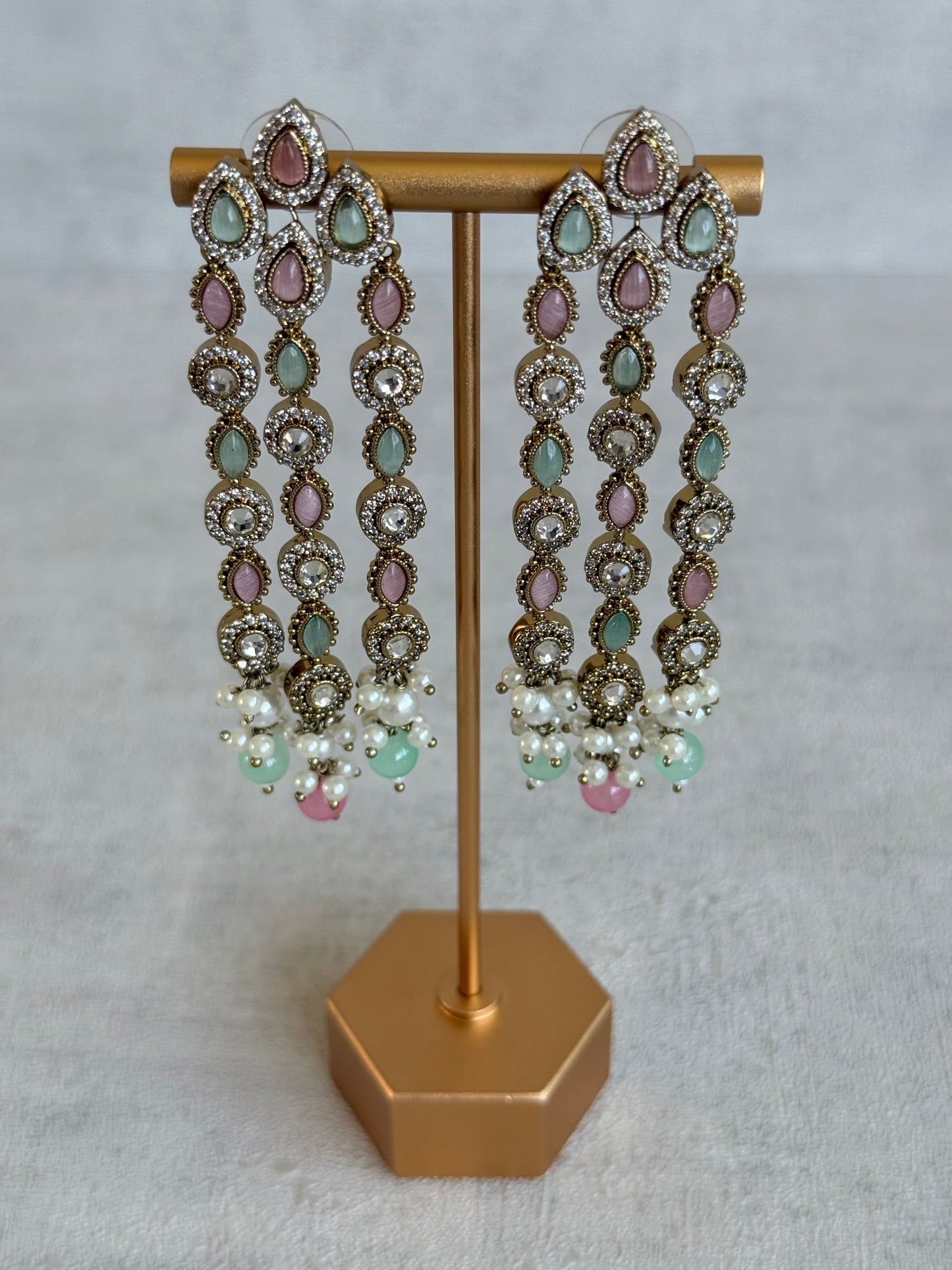 Ayura Designs Emilia Earrings – Gold Triple Strand Statement Earrings with Mint Green & Blush Pink Stones & Pearl Drops