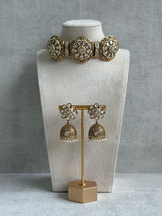 Ayura Designs Tanu Choker Set – Antique Gold Choker & Jhumkis with Kundan, Pearl Borders & Filigree Detailing