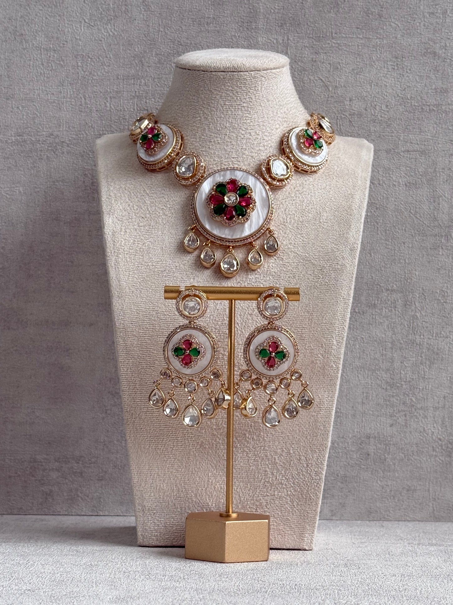 Ayura Designs Wisah Set – Necklace & Earrings with Mirror-Cut Stones, Fuchsia, Emerald & Mother-of-Pearl Detailing