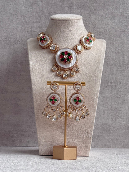 Ayura Designs Wisah Set – Necklace & Earrings with Mirror-Cut Stones, Fuchsia, Emerald & Mother-of-Pearl Detailing