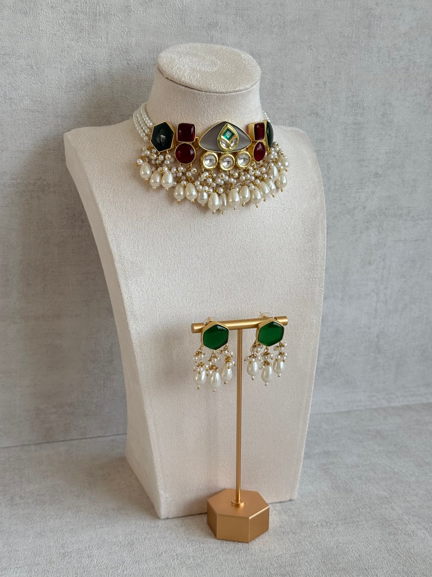 Ayura Designs Vahida Choker Set with Earrings – Multicolour Stone Choker with Pearl Drops & Kundan Detailing