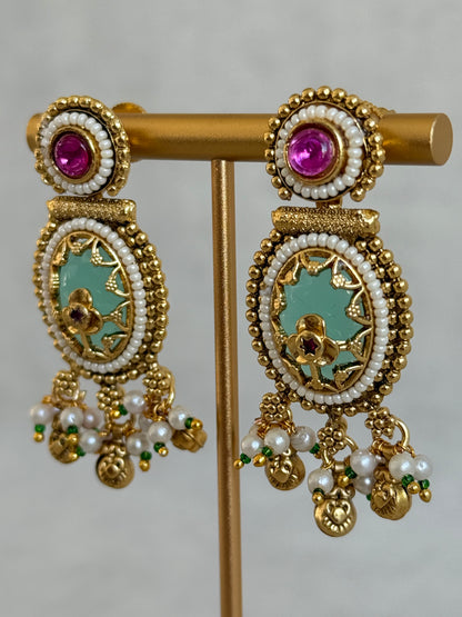Ayura Designs Enjal Earrings – Mint Green Enamel, Pearl Beading, Pink Stone & Gold Finish