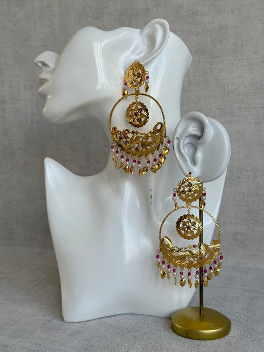 Ayura Designs Puran Earrings – Gold Peacock Pipal Patti Chandbalis with Pink & Ivory Detailing