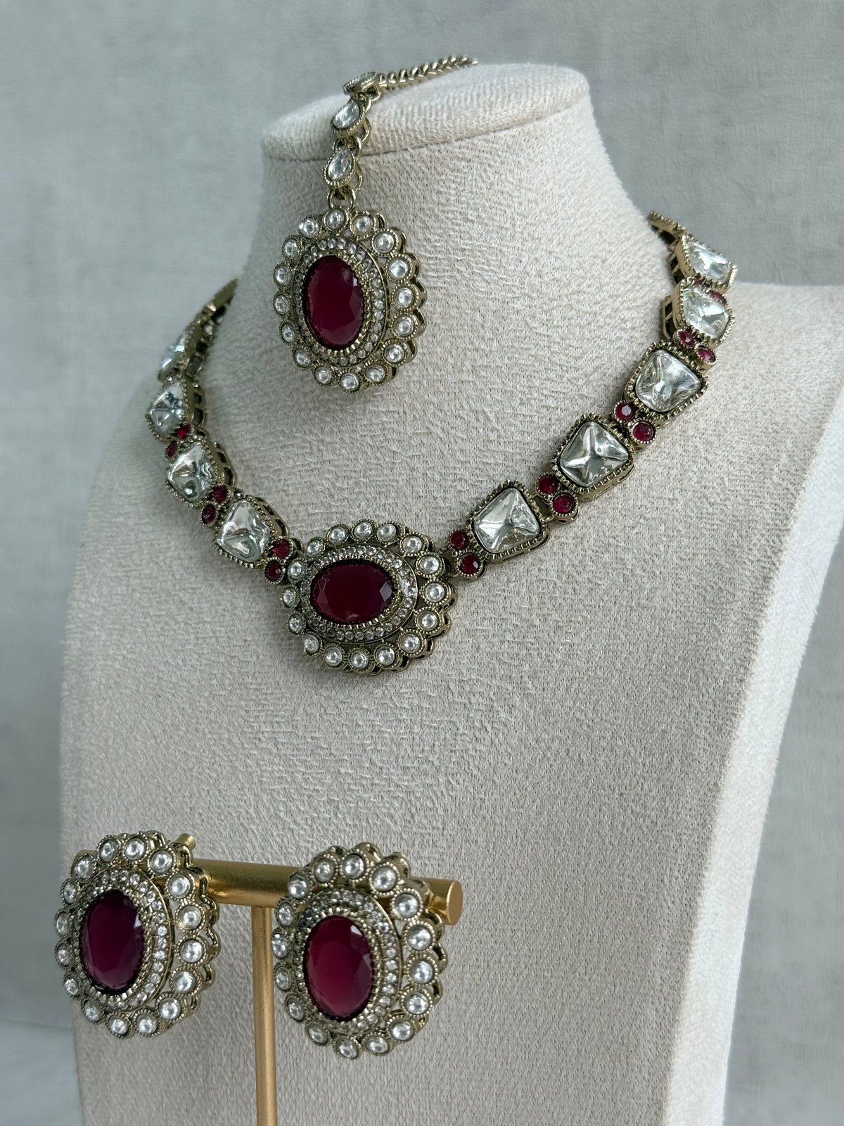 Ayura Designs Inza Necklace Set – Rani Pink Stones, Kundan & Crystals with Antique Gold Finish