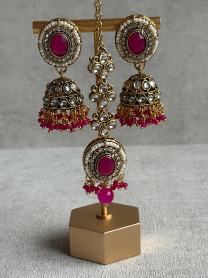 Ayura Designs Muskaan Set – Choker, Jhumkis & Tikka with Hot Pink Beads, Kundan Stones & Antique Gold Finish