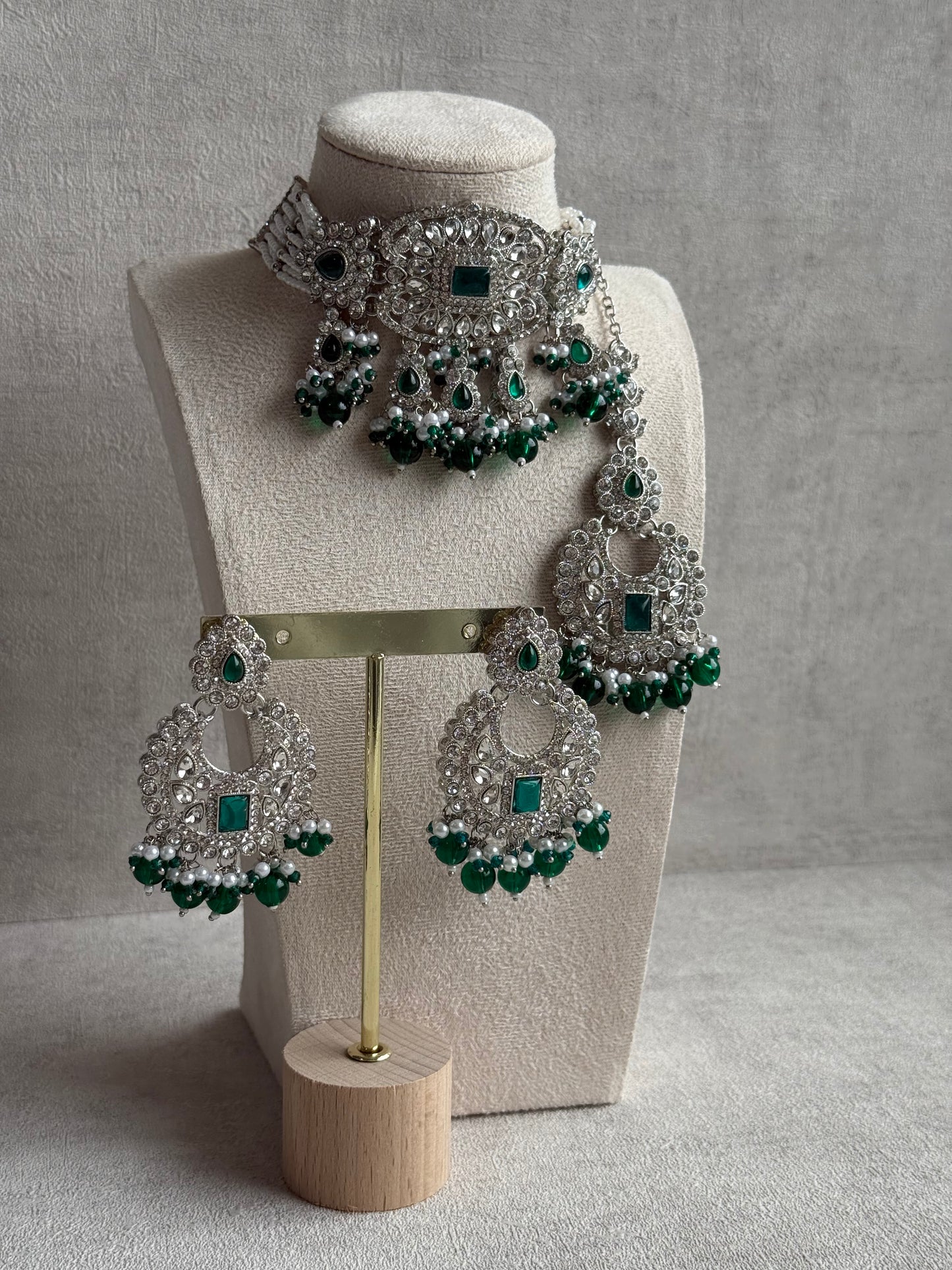 Ayura Designs Nandhini Set – Choker, Earrings & Tikka with Emerald Green Stones, Pearls & Silver Finish