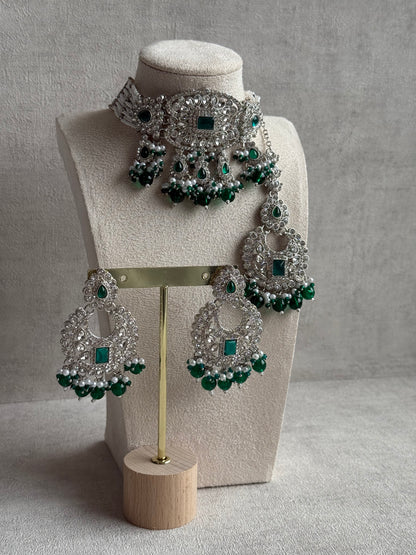 Ayura Designs Nandhini Set – Choker, Earrings & Tikka with Emerald Green Stones, Pearls & Silver Finish