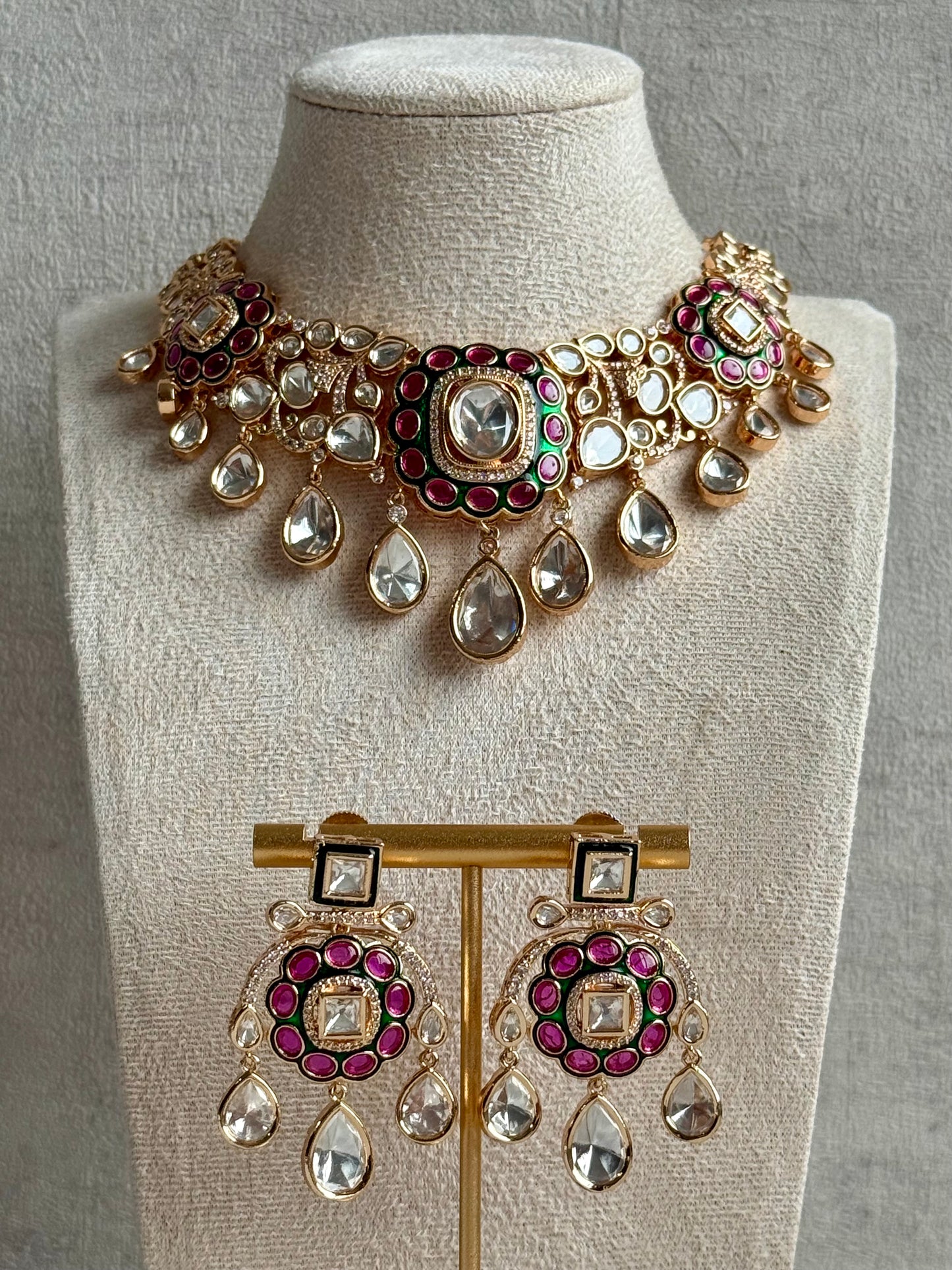 Ayura Designs Ishika Set – Kundan Necklace with Pink & Green Meenakari and Teardrop Crystals