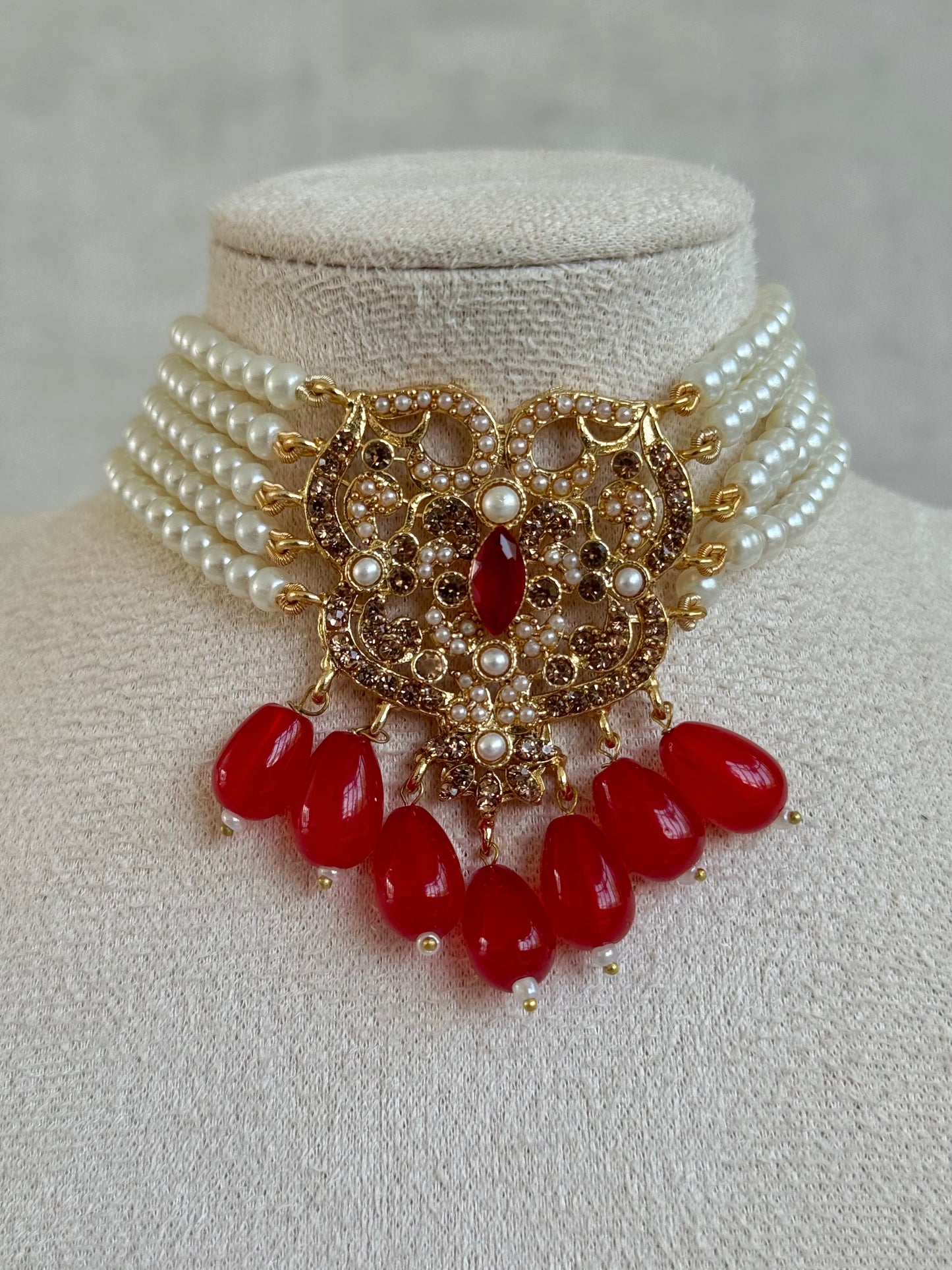 Ayura Designs Nura Choker Set with Earrings – Ruby Red Drops & Ivory Pearls