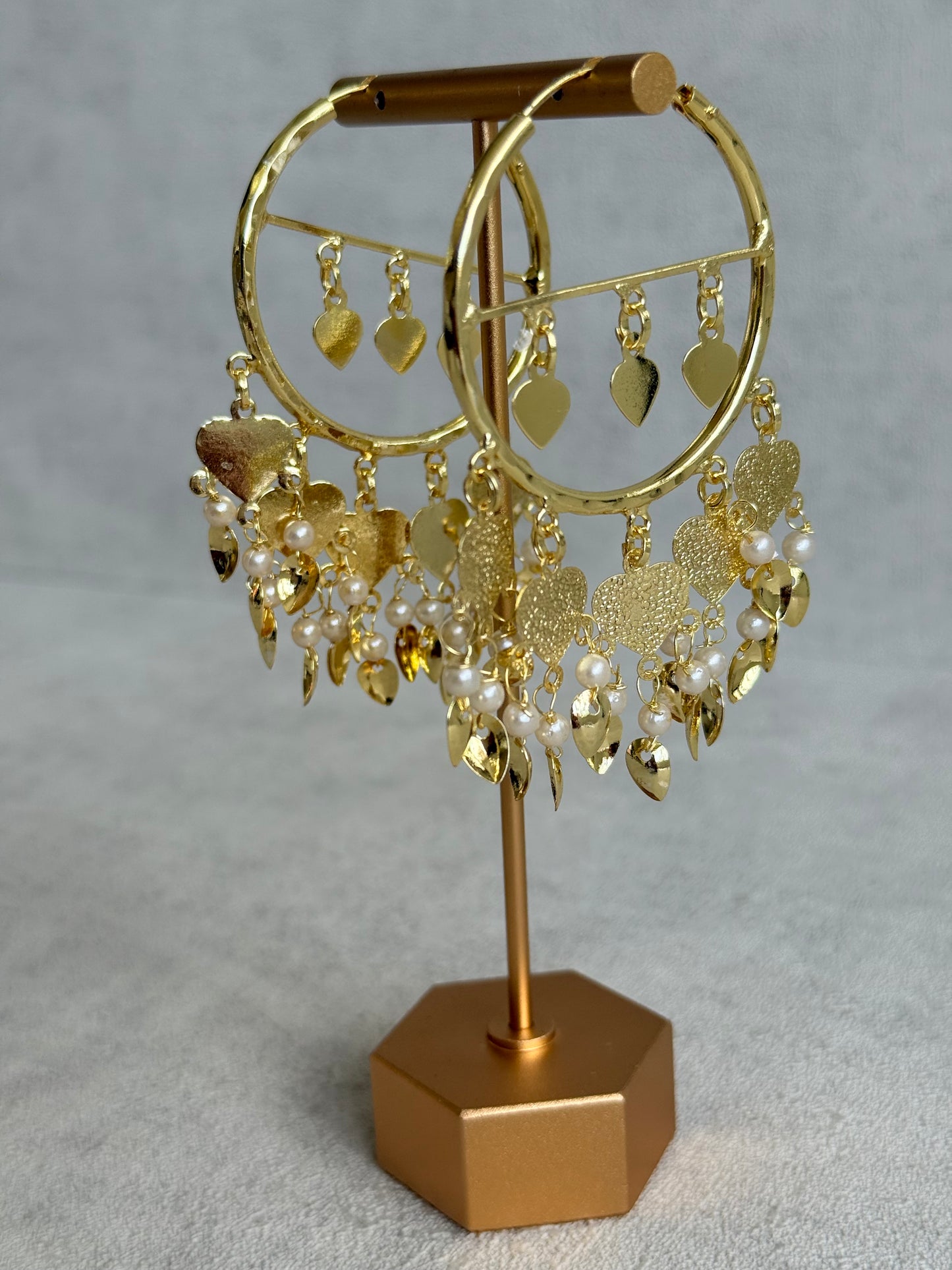 Ayura Designs Dilkash Balis – Gold Pipal Patti Heart Charm Hoop Earrings