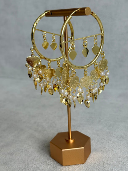Ayura Designs Dilkash Balis – Gold Pipal Patti Heart Charm Hoop Earrings