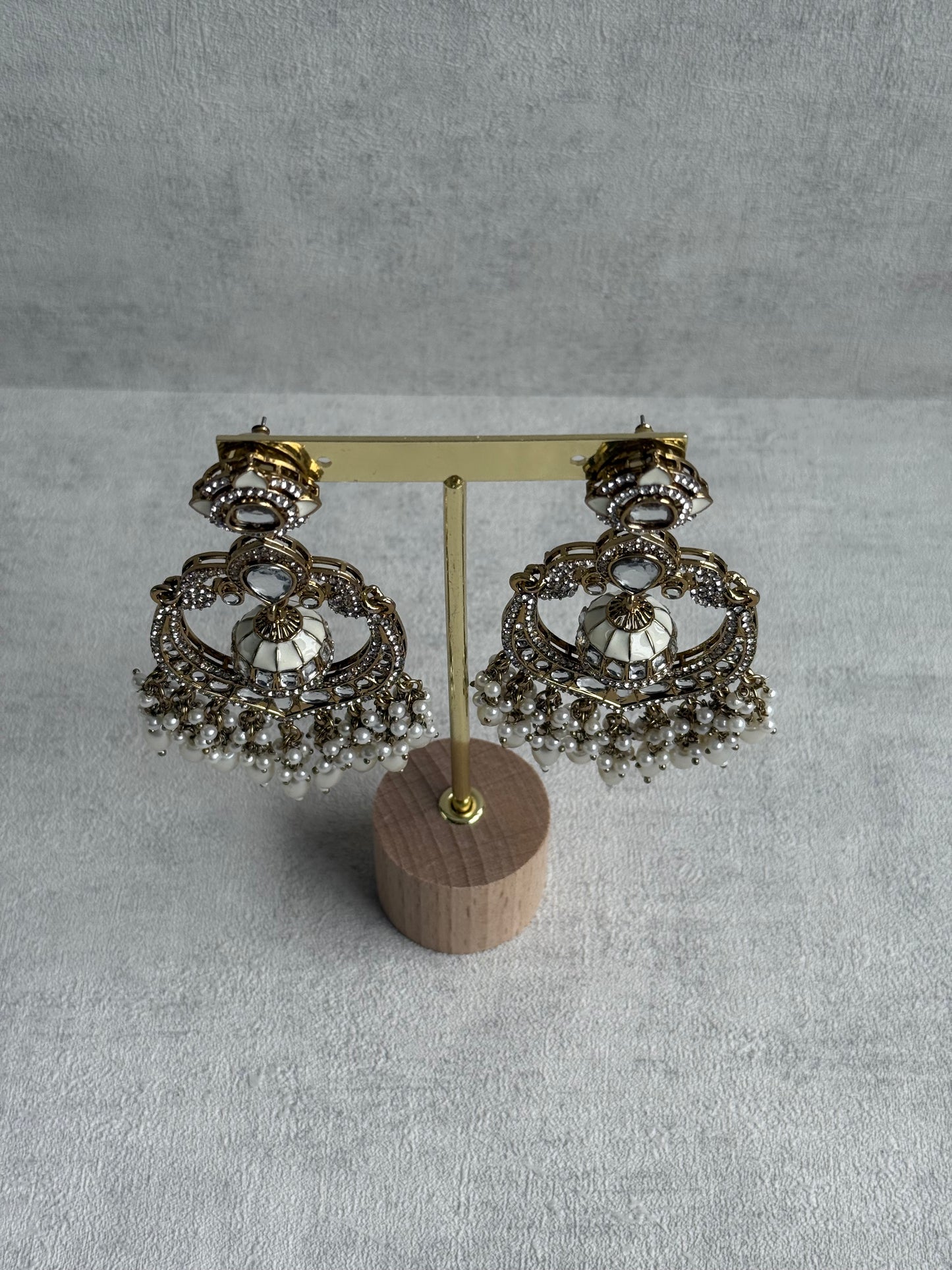 Ayura Designs Reha Earrings – Statement Chandbalis with Ivory Pearls & Mirror-Cut Stones