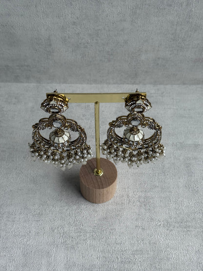 Ayura Designs Reha Earrings – Statement Chandbalis with Ivory Pearls & Mirror-Cut Stones