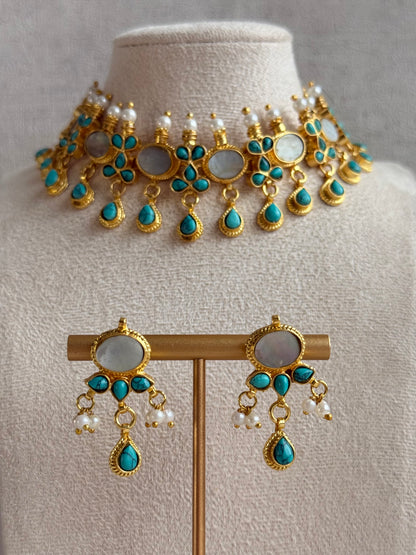 Ayura Designs Rehnuma Kundan Choker Set with Earrings & Turquoise Floral Detailing