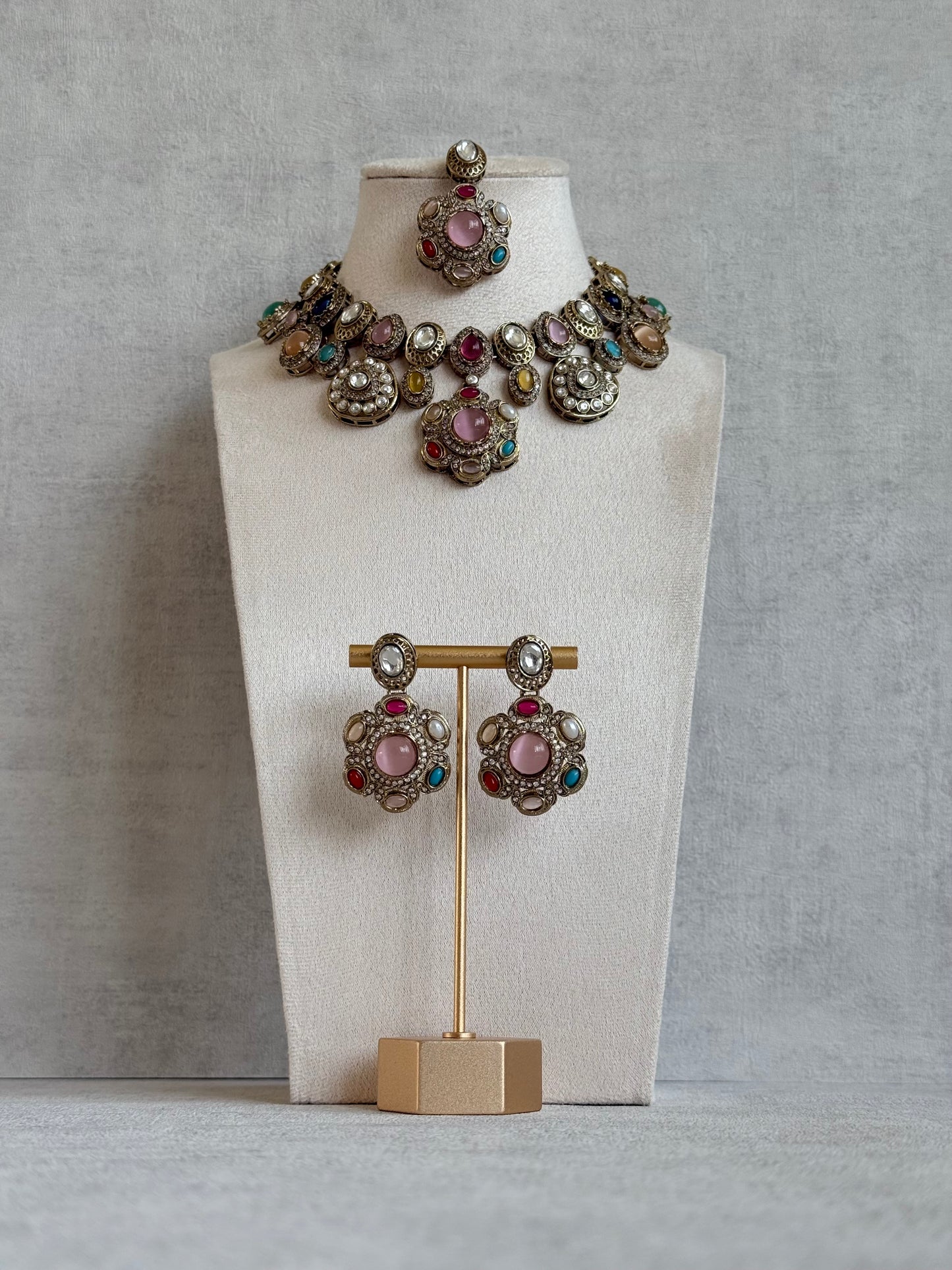 Ayura Designs Elvira Necklace Set with Earrings & Tikka – Multicolour Stone Necklace with Pink Centre Stones & Pearl Detailing
