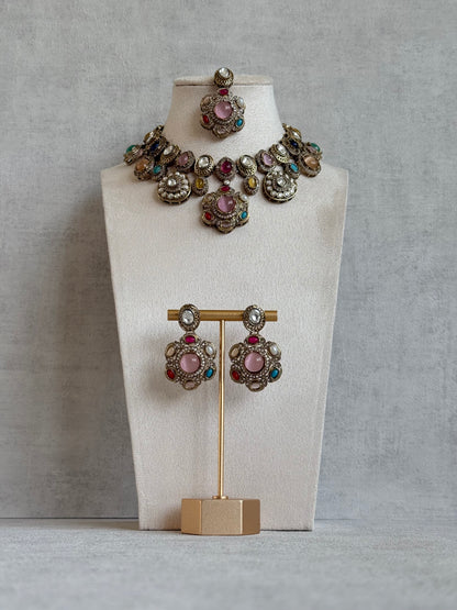 Ayura Designs Elvira Necklace Set with Earrings & Tikka – Multicolour Stone Necklace with Pink Centre Stones & Pearl Detailing
