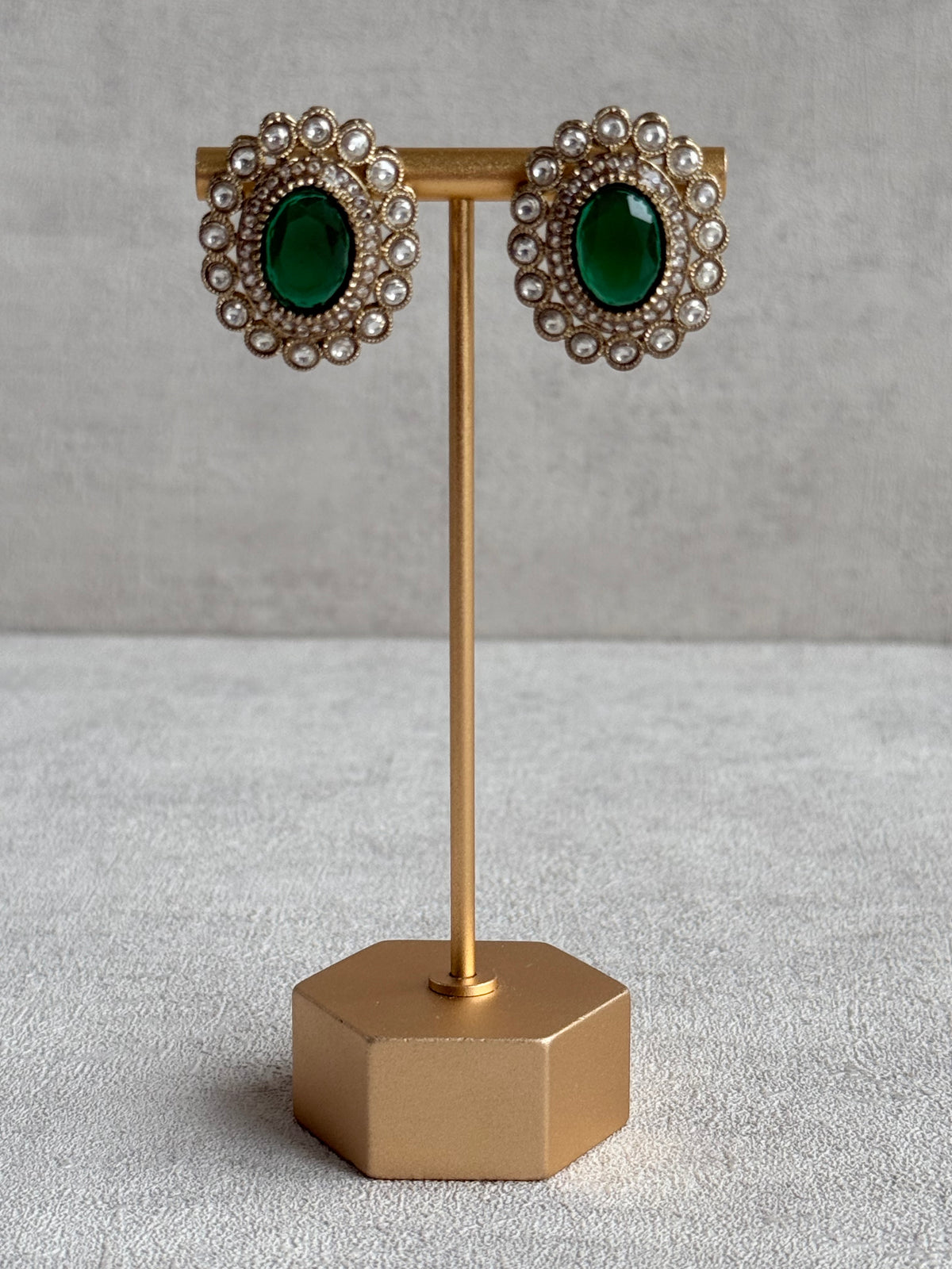Ayura Designs Inza Necklace Set – Emerald Green Stones, Kundan & Crystals with Antique Gold Finish