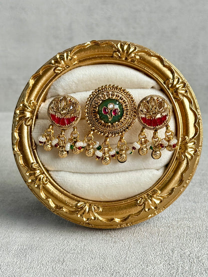 Ayura Designs Raha Adjustable Ring – Antique Gold Lotus Motifs with Emerald Green & Rani Pink Stones, Pearl Drops & Ghungroo Detailing