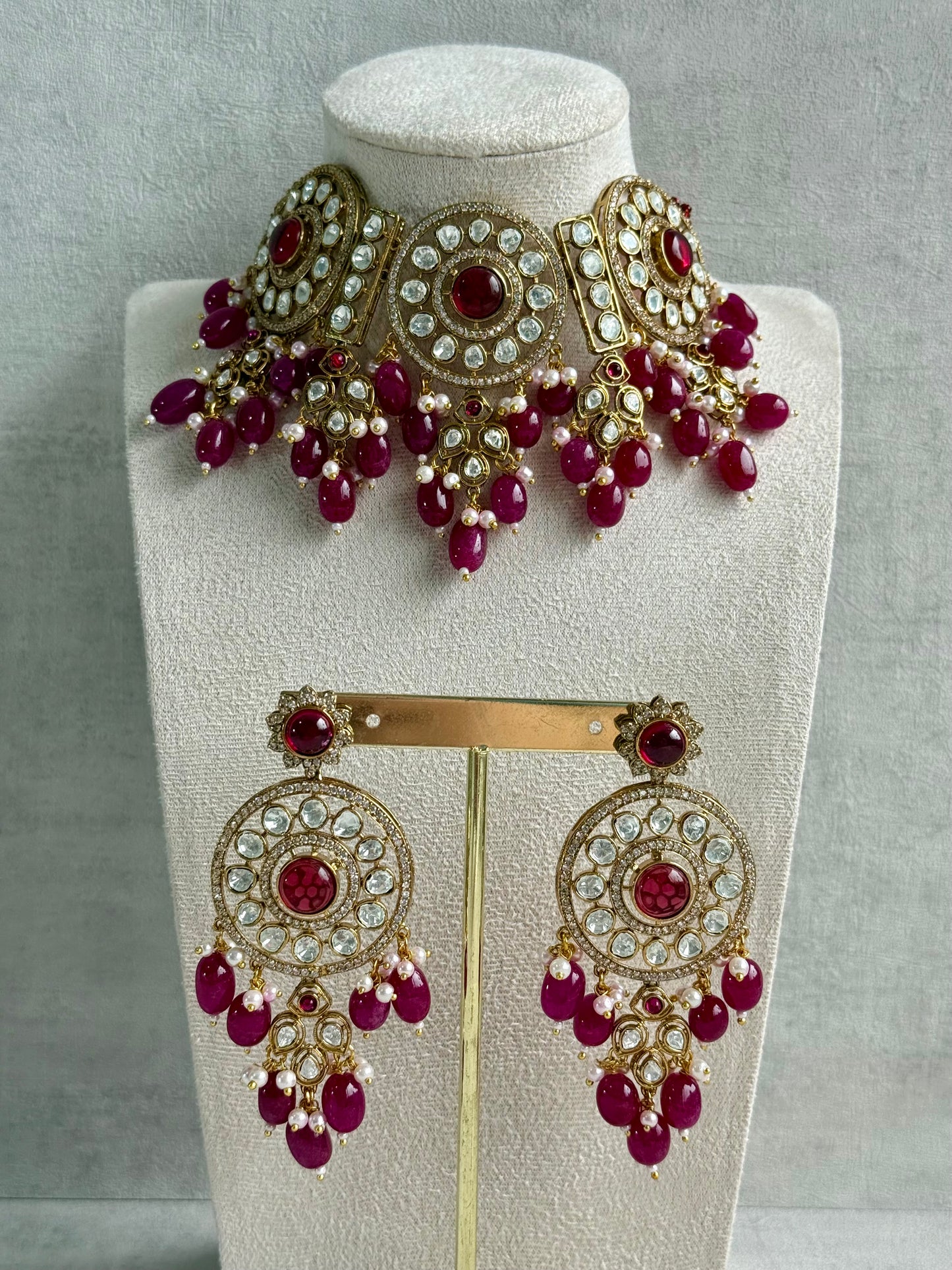 Ayura Designs Harper Set – Antique Gold Choker & Earrings with Deep Berry Pink Beads, Kundan Stones & Pearl Detailing