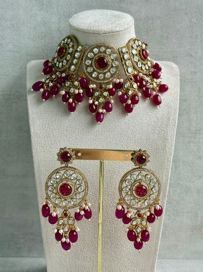 Ayura Designs Harper Set – Antique Gold Choker & Earrings with Deep Berry Pink Beads, Kundan Stones & Pearl Detailing