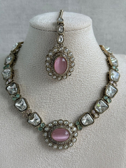 Ayura Designs Inza Necklace Set – Blush Pink & Mint Green Stones, Kundan & Crystals with Antique Gold Finish