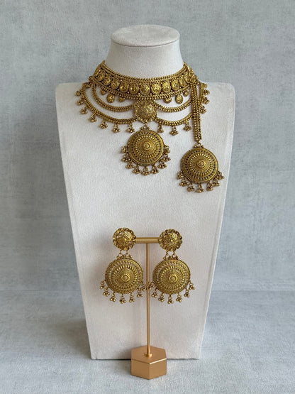 Ayura Designs Subha Choker Set with Earrings & Passa – Antique Gold Engraved Medallions, Layered Chains & Ghungroo Drops