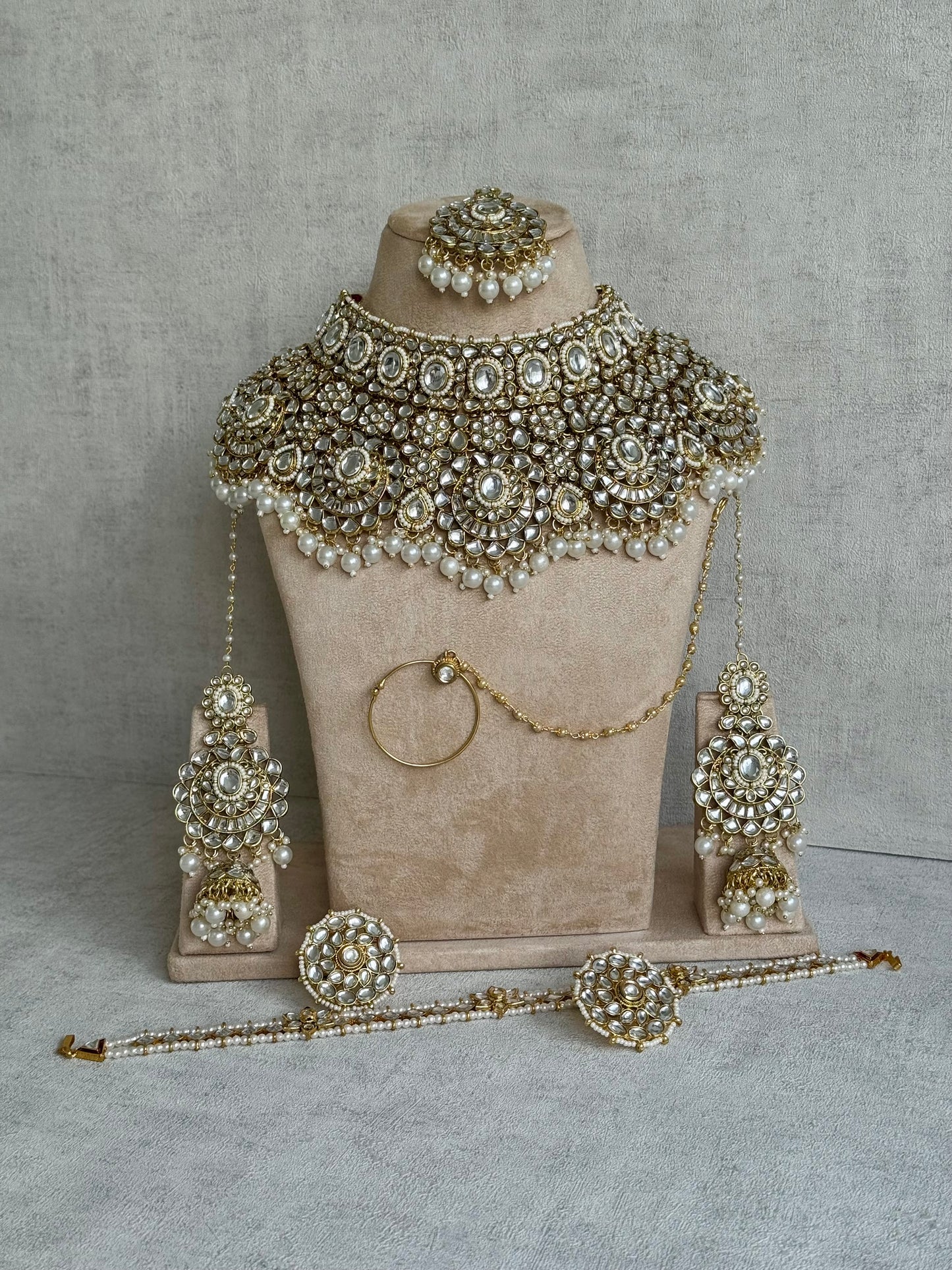 Ayura Designs Meherbano Bridal Set with Necklace, Jhumkis, Tikka, Nath, Ring & Sheeshphool – Mirror-Cut Stones with Pearl Detailing