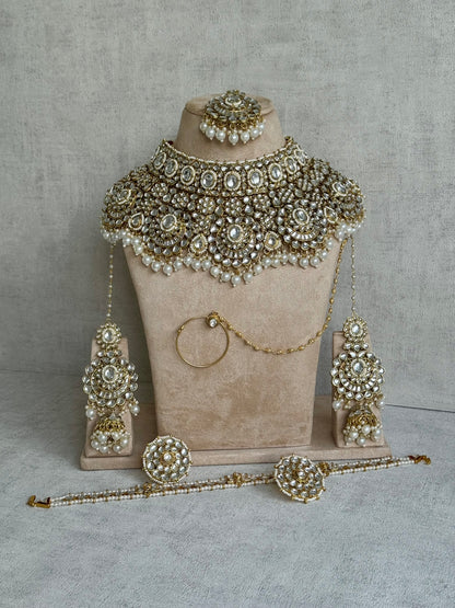 Ayura Designs Meherbano Bridal Set with Necklace, Jhumkis, Tikka, Nath, Ring & Sheeshphool – Mirror-Cut Stones with Pearl Detailing