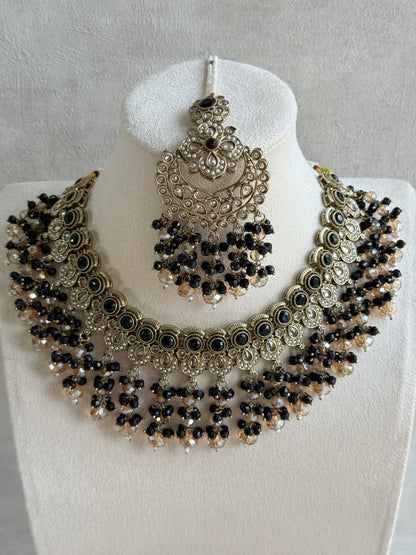Ayura Designs Dilnaz Necklace Set with Earrings, Tikka & Passa – Black & Champagne Crystal Beads & Antique Gold Finish