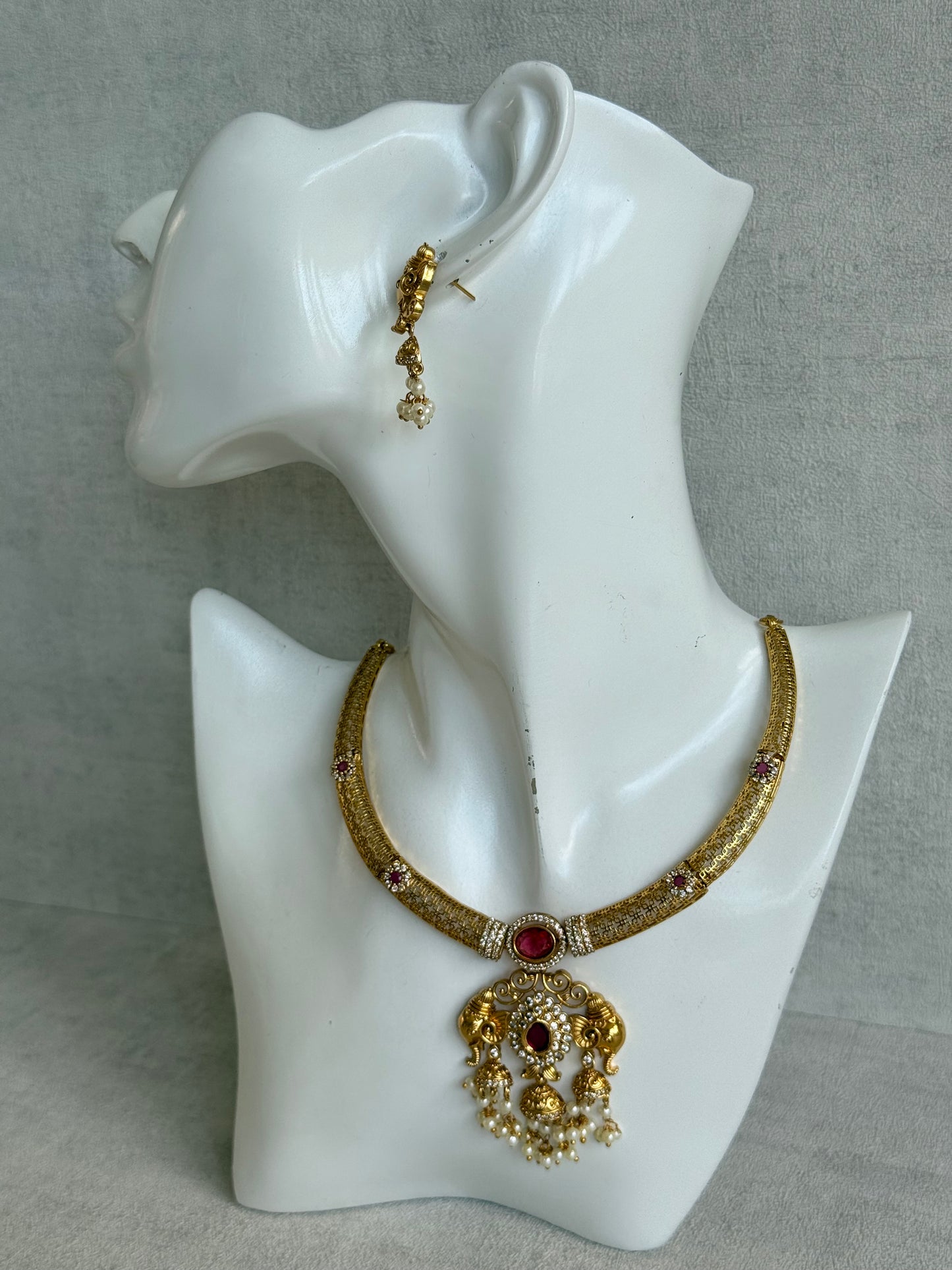 Ayura Designs Wadha Collar Necklace Set with Earrings – Gold Elephant Pendant & Ruby Red Stone Detailing
