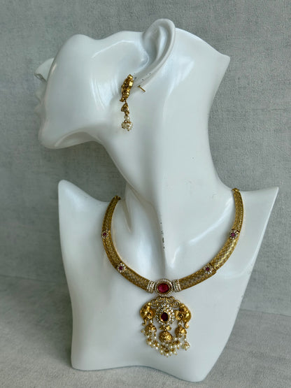 Ayura Designs Wadha Collar Necklace Set with Earrings – Gold Elephant Pendant & Ruby Red Stone Detailing