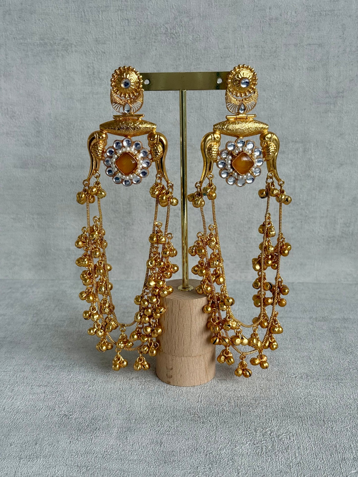 Ayura Designs Meelan Earrings – Antique Gold Earrings with Bird Motifs, Amber Stone & Ghungroo Detailing