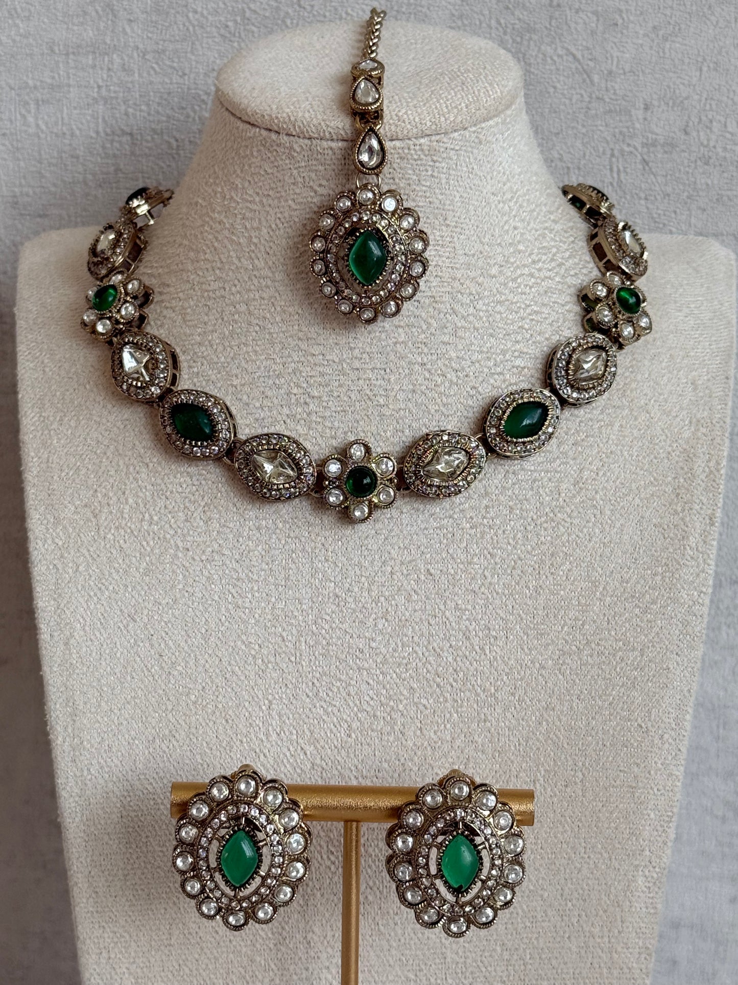 Ayura Designs Ivy Necklace Set with Studs & Tikka – Emerald Green Kundan Detailing