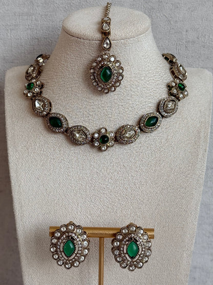 Ayura Designs Ivy Necklace Set with Studs & Tikka – Emerald Green Kundan Detailing
