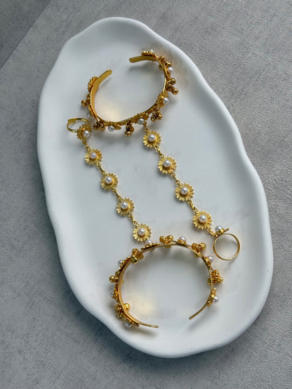 Ayura Designs Avanti Haathphool Set of 2 – Gold Finish Floral Hand Harness with Ivory Pearls & Ghungroo Detailing