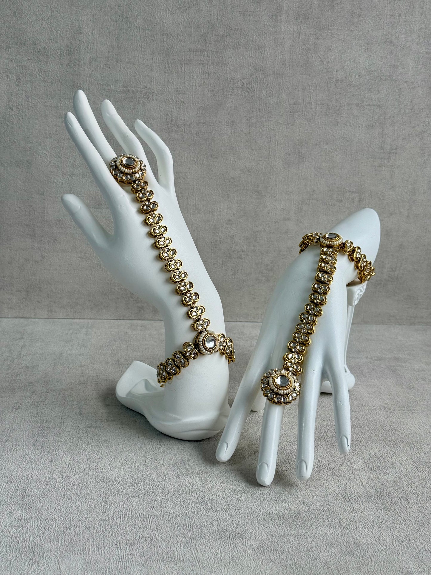Ayura Designs Maura Haathphool – Antique Gold Hand Harness with Mirror-Cut Stones & Pearl Detailing