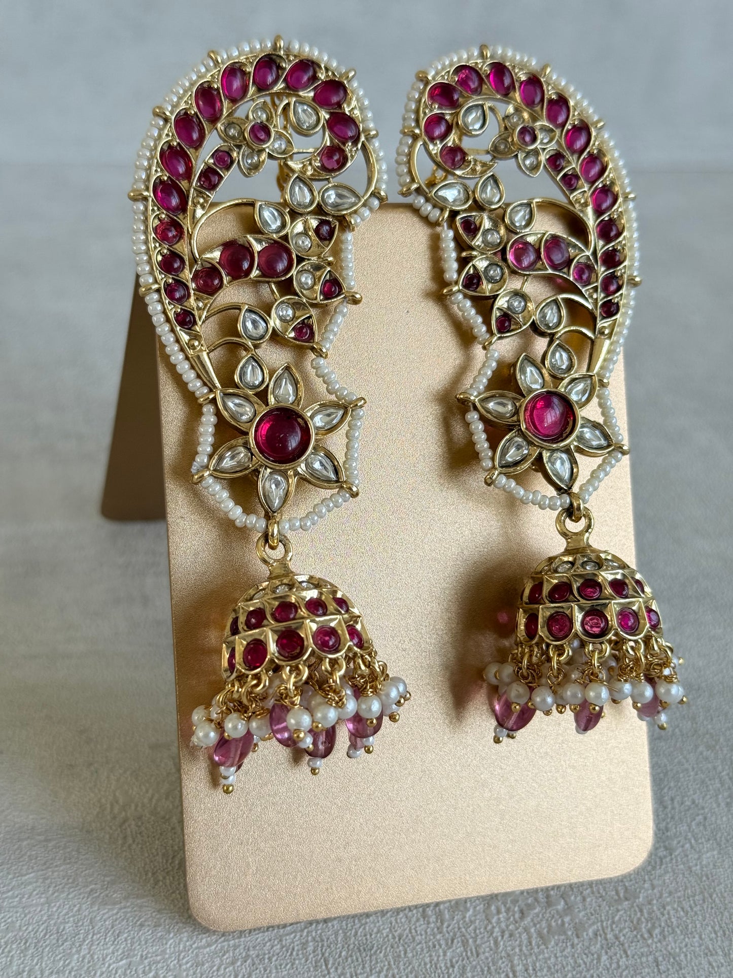 Ayura Designs Urisha Ear Climber Jhumkis – Ruby Pink, Kundan & Pearl Detailing