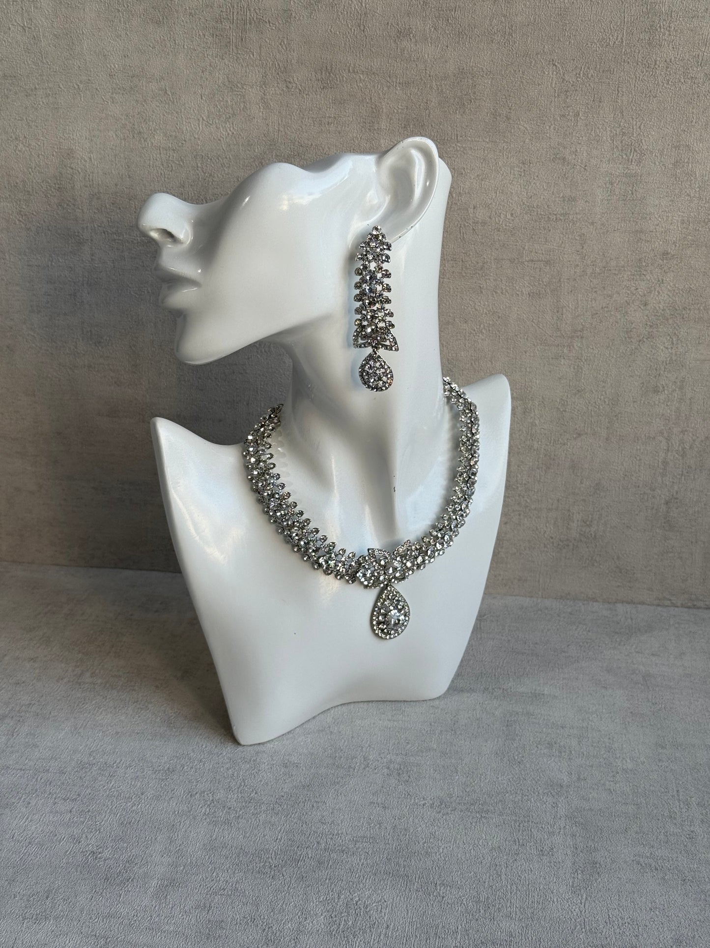 Ayura Designs Falaq Set with Necklace, Earrings & Tikka – Silver Finish with Diamond-Cut Crystals