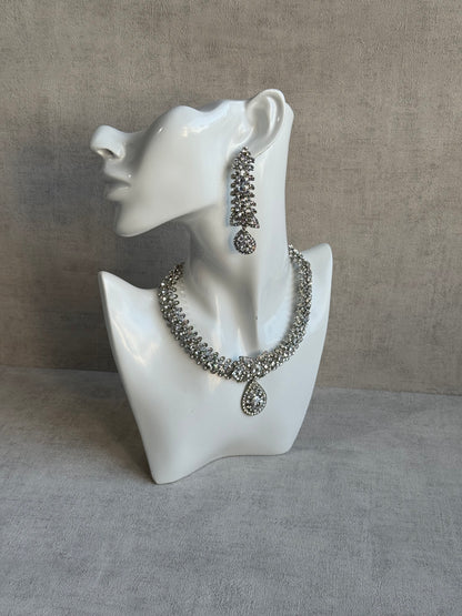 Ayura Designs Falaq Set with Necklace, Earrings & Tikka – Silver Finish with Diamond-Cut Crystals