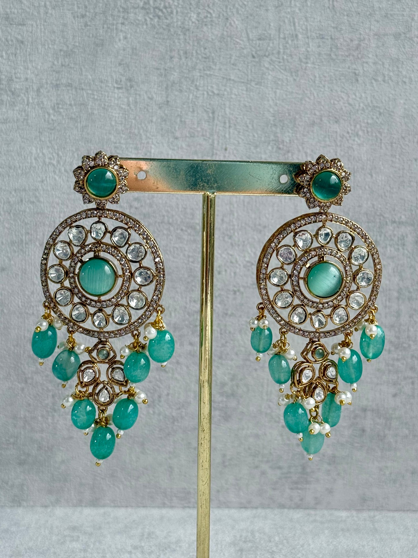 Ayura Designs Harper Set – Antique Gold Choker & Earrings with Mint Green Beads, Kundan Stones & Pearl Detailing