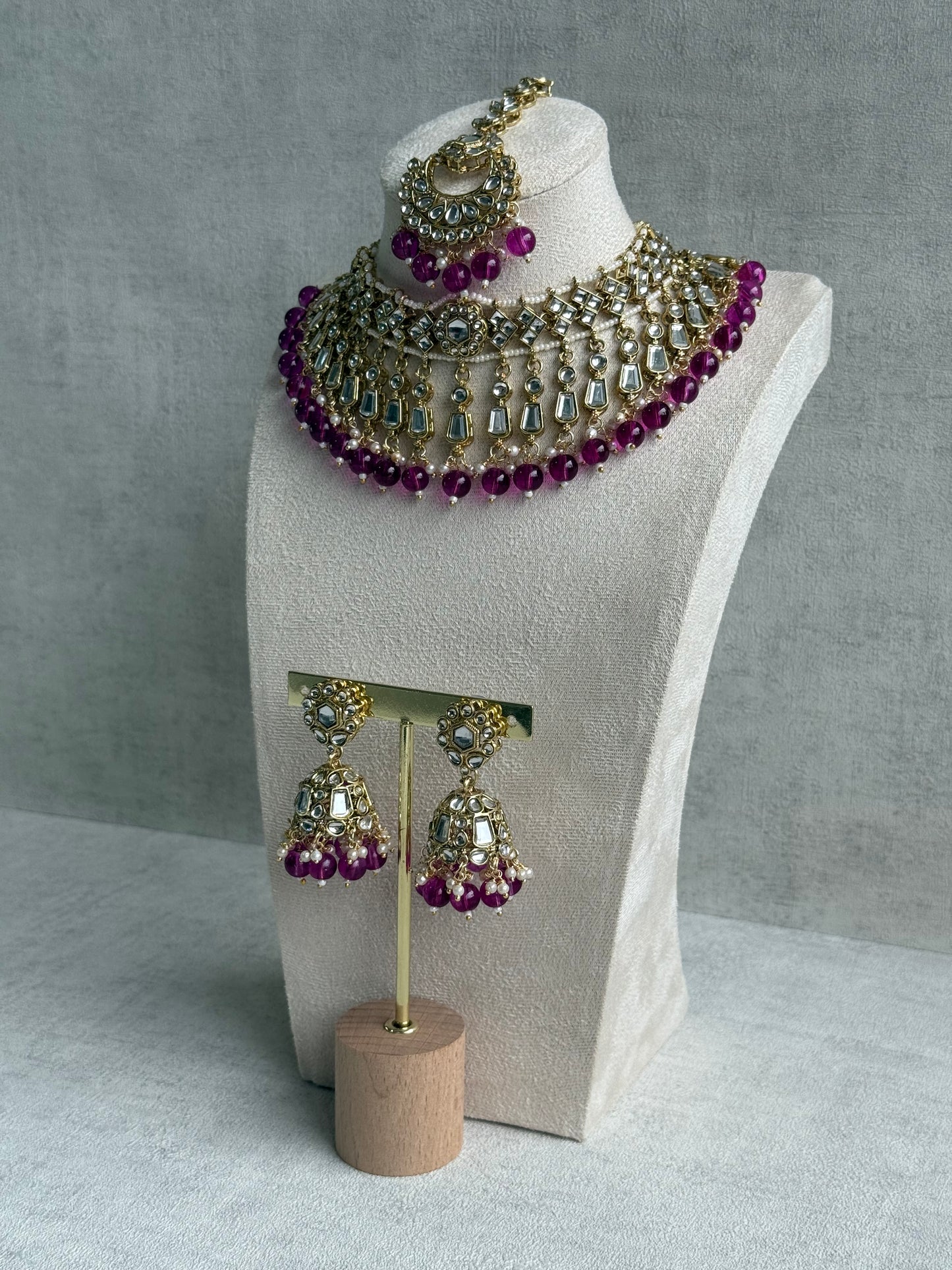 Ayura Designs Shaheen Set with Jhumkis & Tikka – Magenta Beads, Mirror Kundan & Gold Finish